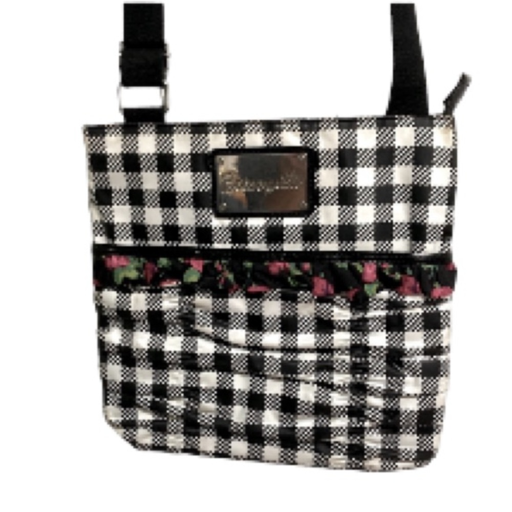 BETSEY JOHNSON Betseyville Crossbody Bag Black White Checkered 12 x 12 inch